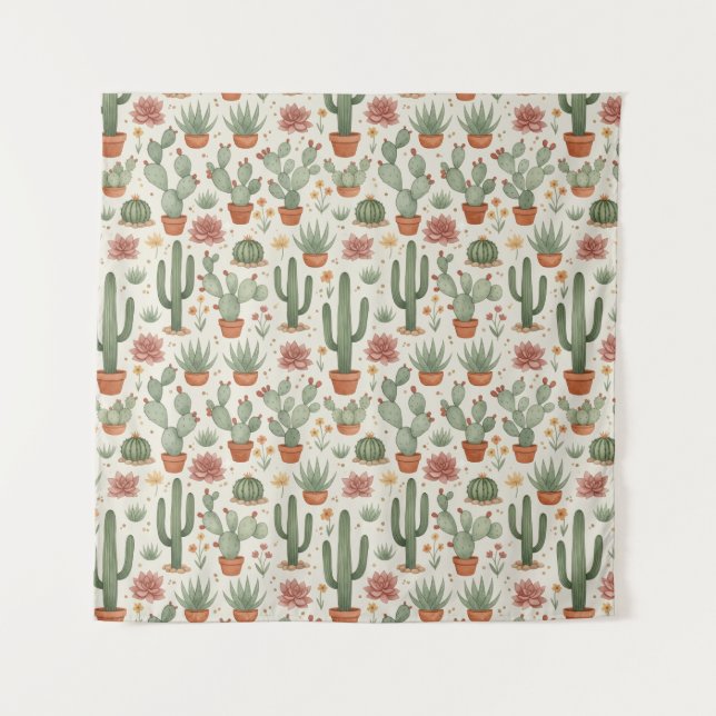 Desert Cacti Succulent Seamless Pattern Tapestry (Front)