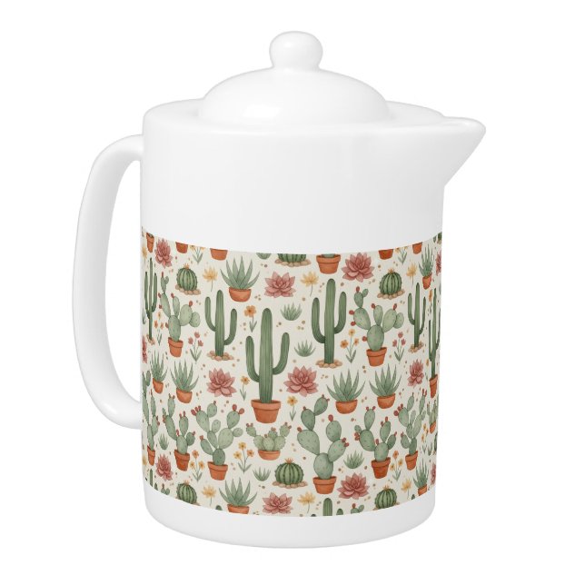 Desert Cacti Succulent Seamless Pattern Teapot (Left)