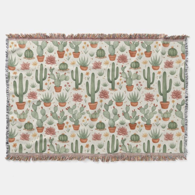 Desert Cacti Succulent Seamless Pattern Throw Blanket (Front)