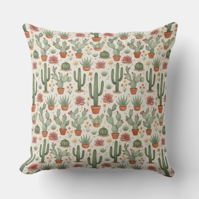 Desert Cacti Succulent Seamless Pattern Throw Pillow (Front)