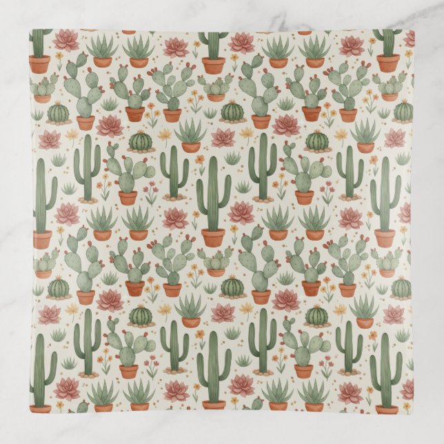 Desert Cacti Succulent Seamless Pattern Trinket Tray (Front)