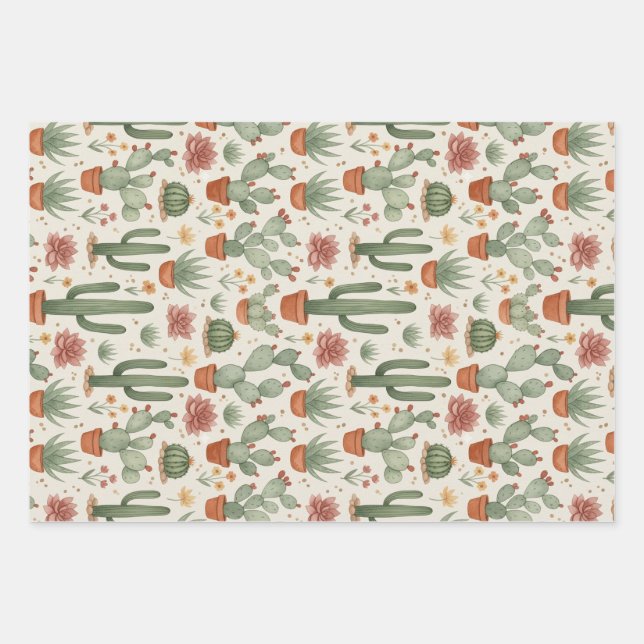Desert Cacti Succulent Seamless Pattern Wrapping Paper Sheets (Front)