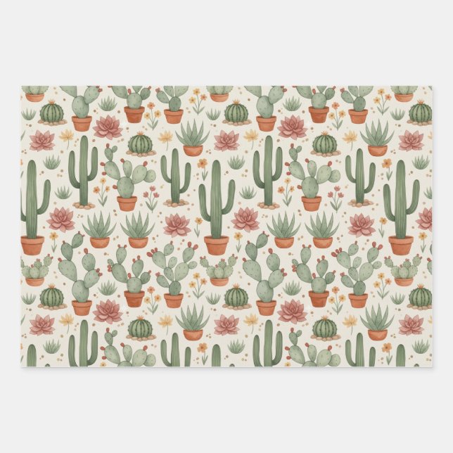 Desert Cacti Succulent Seamless Pattern Wrapping Paper Sheets (Front 2)
