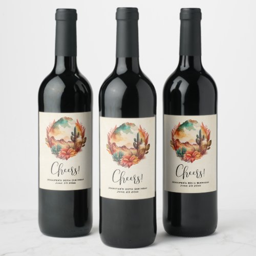 Desert Cactus and Mountains Party Thank You Wine Label