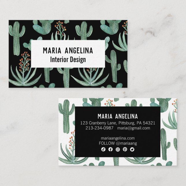 Desert Cactus and Succulents Watercolor Design  Business Card (Front/Back)