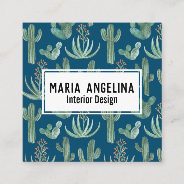 Desert Cactus and Succulents Watercolor Design Square Business Card (Front)