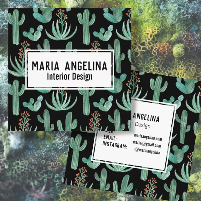 Desert Cactus and Succulents Watercolor Design Square Business Card (Watercolor cactus pattern on this custom business card)
