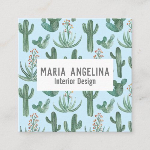 Desert Cactus and Succulents Watercolor Design Square Business Card