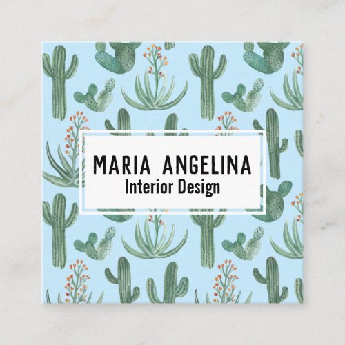 Desert Cactus and Succulents Watercolor Design Square Business Card