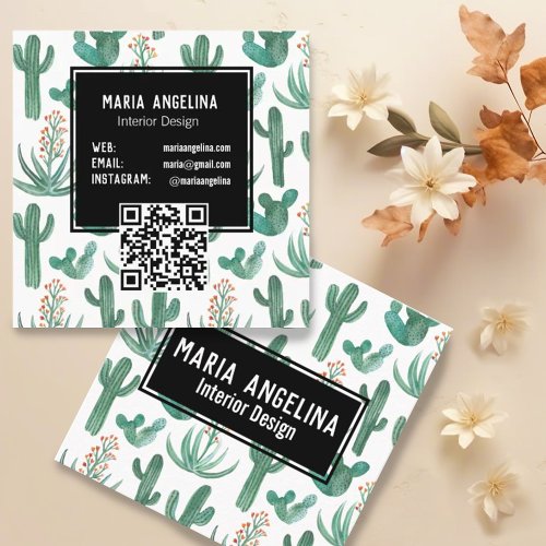 Desert Cactus and Succulents Watercolor QR Code Square Business Card