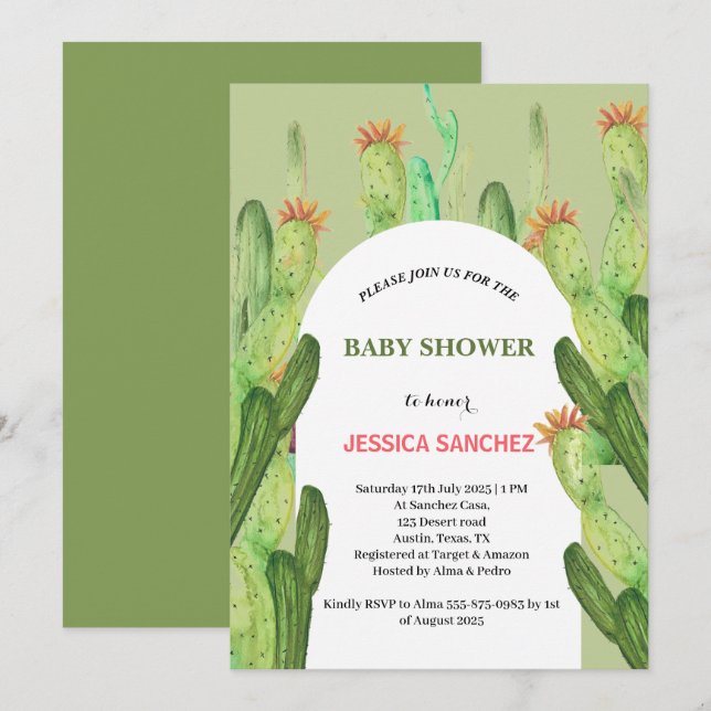 Desert Cactus Arch Bohemian Watercolor Baby shower Invitation (Front/Back)
