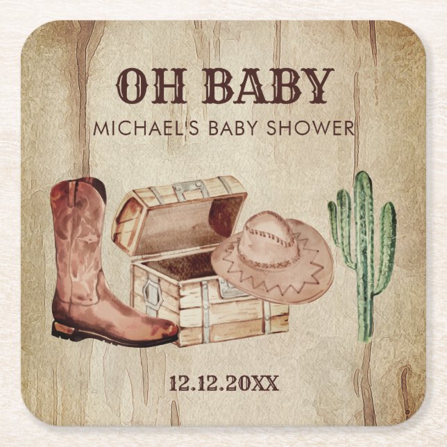 Desert Cactus Baby Cowboy Hat Shoes Party Square Paper Coaster (Front)