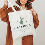 Desert Cactus Bachelorette Party Tote Bag<br><div class="desc">Welcome guests to your destination bachelorette weekend with these cute personalized tote bags. Design features a green cactus illustration flanked by stars, with your party destination beneath (shown with Scottsdale) in classic serif lettering. Add your event name beneath in handwritten cursive script, as well as the year. Colors can be...</div>