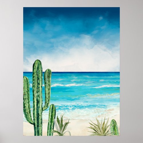 Desert Cactus Beach Sea Seascape Watercolor  Poster