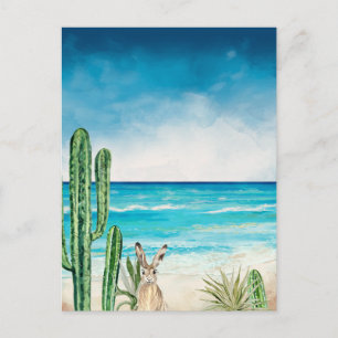 Desert Cactus Beach Seascape Watercolor Rabbit Postcard