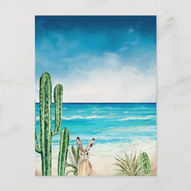 Desert Cactus Beach Seascape Watercolor Rabbit Postcard (Front)
