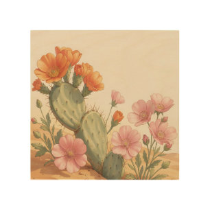 Desert Cactus Bloom Orange Pink Wildflowers Wood Wall Art