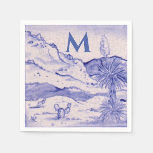 Desert Cactus Blue White Landscape Yucca Monogram Napkins