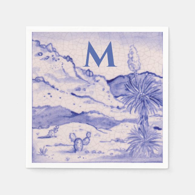 Desert Cactus Blue White Landscape Yucca Monogram Napkins (Front)
