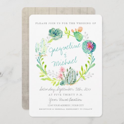 Desert Cactus Flower Wood Watercolor w Details Invitation