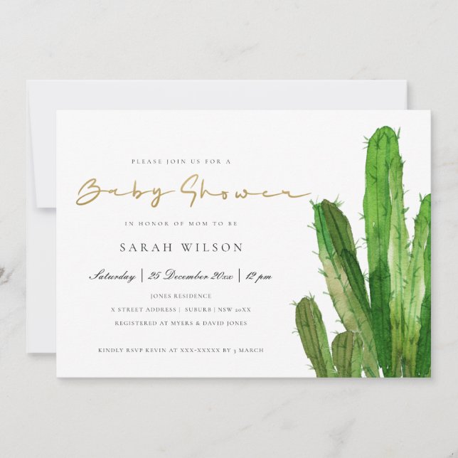DESERT CACTUS FOLIAGE GOLD WATERCOLOR BABY SHOWER INVITATION (Front)
