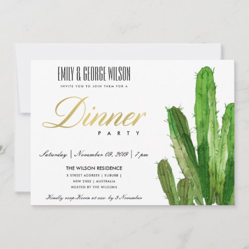 DESERT CACTUS FOLIAGE GOLD WATERCOLOR DINNER PARTY INVITATION