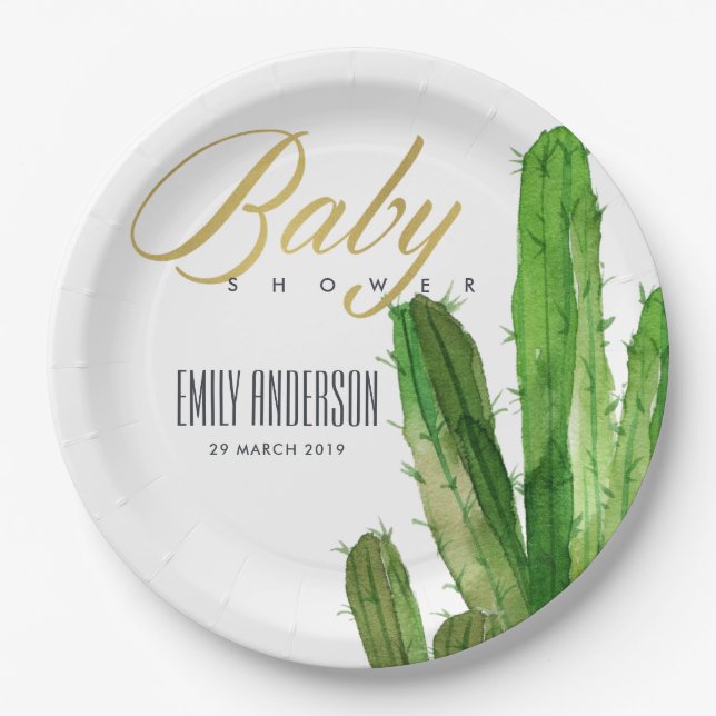 DESERT CACTUS FOLIAGE WATERCOLOR BABY SHOWER PAPER PLATES (Front)
