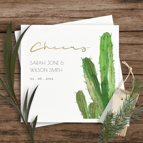 DESERT CACTUS FOLIAGE WATERCOLOR CHEERS WEDDING NAPKINS