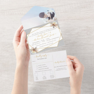Desert Cactus Geometric Gold Frame Wedding All In One Invitation