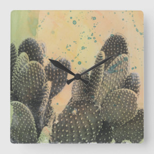 Desert Cactus Green Splatter Square Wall Clock