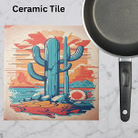 Desert Cactus Illustration  Ceramic Tile<br><div class="desc">This exquisite ceramic tile captures the serene beauty of the desert with an artful cactus scene, masterfully rendered in soothing shades of aqua and coral. The tile portrays the tranquil essence of the desert landscape, featuring a variety of cacti that seem to whisper tales of survival and resilience. The aqua...</div>