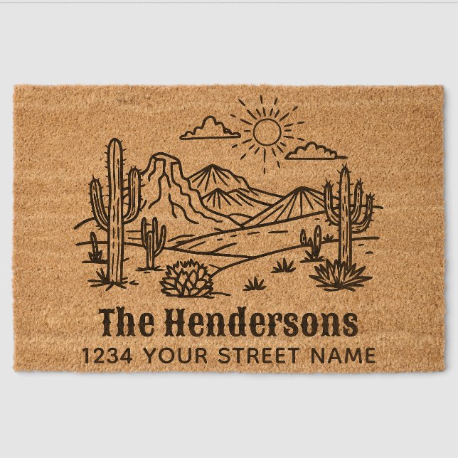 Desert Cactus Landscape #3 Family Name Address Fiber Doormat (Front)