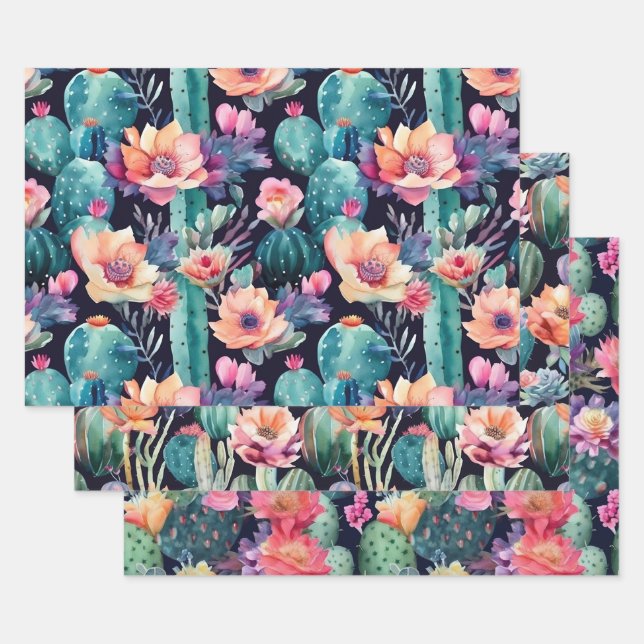 Desert cactus large floral flower seamless pattern wrapping paper sheets (Set)