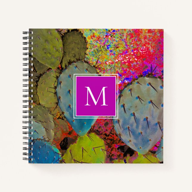 Desert Cactus Monogram Prickly Pear Purple Green Notebook (Front)