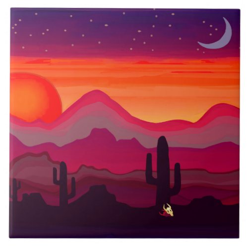 Desert Cactus Moon Ceramic Tile