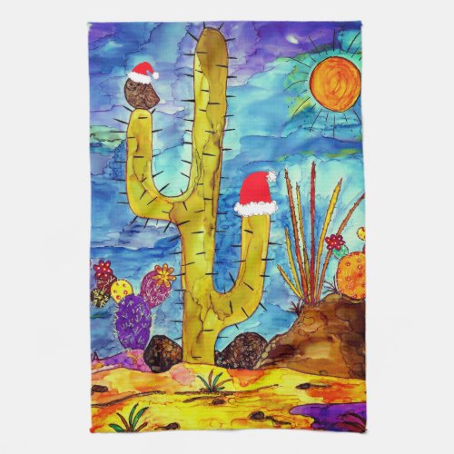 Desert Cactus Owl in a Christmas Hat Kitchen Towel