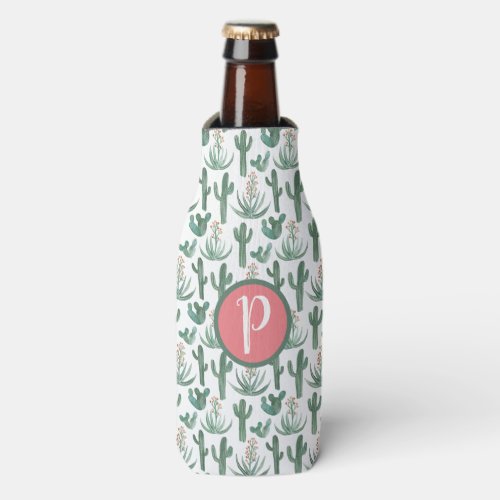 Desert Cactus Pattern Watercolor CUSTOM Initials Bottle Cooler