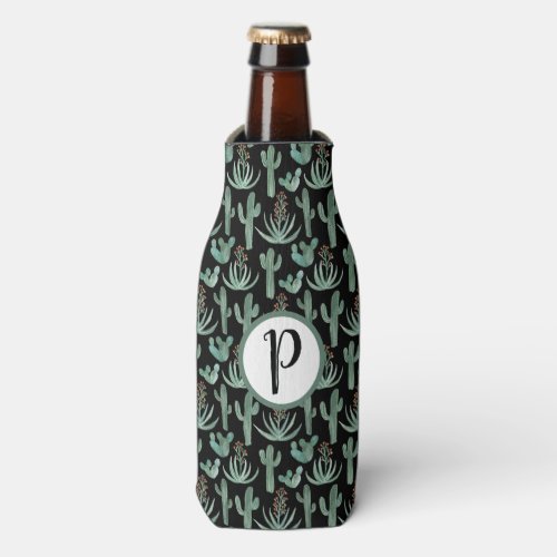 Desert Cactus Pattern Watercolor CUSTOM Initials Bottle Cooler