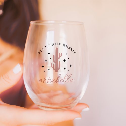 Desert Cactus Personalized Bachelorette Party Stemless Wine Glass