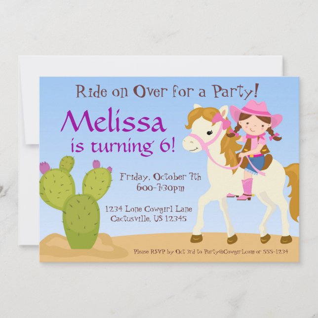 Desert Cactus, Pink Cowgirl Birthday Party Invite (Front)