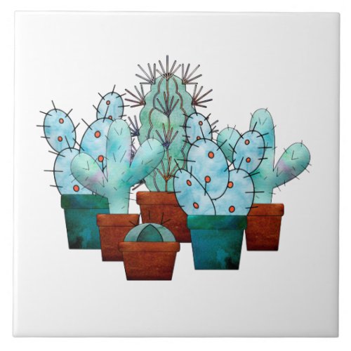 Desert Cactus Plant Watercolor Ceramic Tile