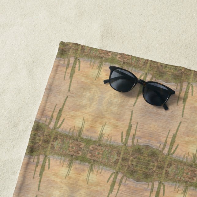 Desert Cactus Plants On Wood Grain Photo Image Beach Towel (In Situ)