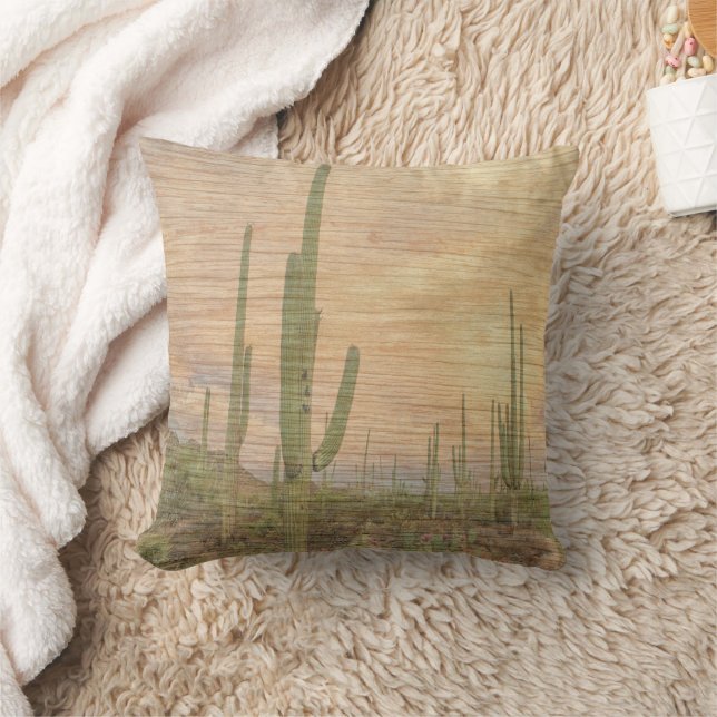 Desert Cactus Plants On Wood Grain Photo Image Throw Pillow (Blanket)
