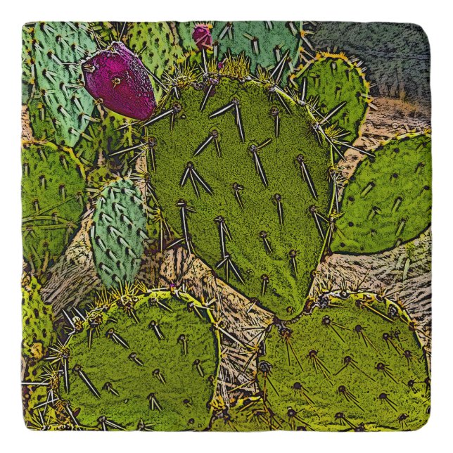 Desert Cactus Prickly Pear Decorative Digital Art  Trivet (Front)