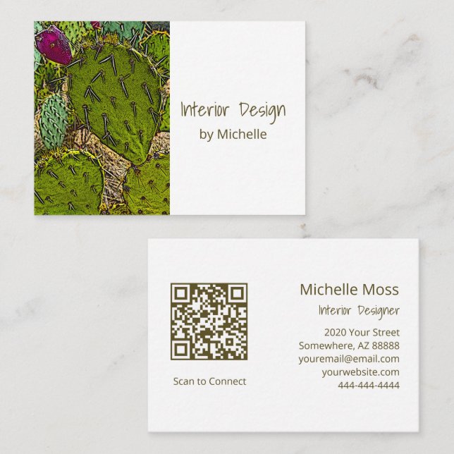 Desert Cactus QR code Botanical Interior Design Business Card (Front/Back)