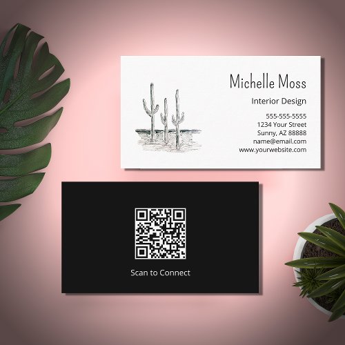 Desert Cactus QR code Minimalist Black White Business Card