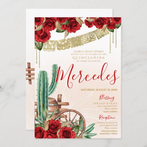 Desert Cactus Red Rose Western Charro Quinceanera Invitation