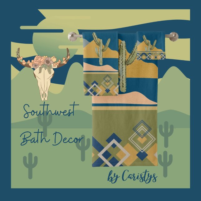 Desert Cactus Scene and Geometric Trim Bath Towel Set (Southwest Bath Decor 
Available in Olive, Navy, Smokey Teal, Golden Rod, Clay, Brown. )
