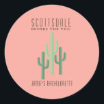 Desert Cactus Scottsdale Bachelorette Button Classic Round Sticker<br><div class="desc">Congrats! You're engaged! Or maybe one of your besties is. Invite all your gal pals to a desert fiesta in Scottsdale,  Arizona with these "Scottsdale,  before the veil" stickers! Modern and fun,  the pink and green cactus theme is sure to delight at your bachelorette party!</div>