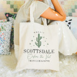Desert Cactus Scottsdale Bachelorette Party Tote Bag<br><div class="desc">Welcome guests to your destination bachelorette weekend with these cute personalized tote bags. Design features a green cactus illustration flanked by stars, with two lines of custom text beneath; shown with "Scottsdale Before the Veil". Add your event name along the bottom, and the year curved across the top. Colors can...</div>